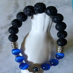 Hand of Peace Lava and Blue Cats eye bracelet